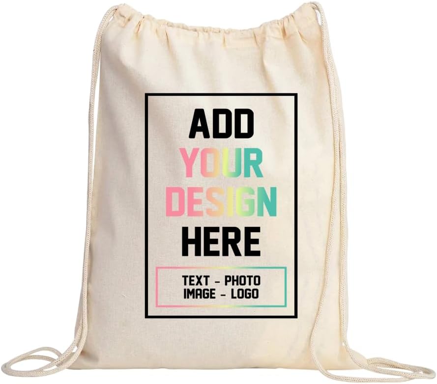 Custom One-Sided Canvas Drawstring Backpack with Your Logo - Personalized Single-Sided Cinch Sack - Custom DTF Front Print Gym Bag in Black & Beige