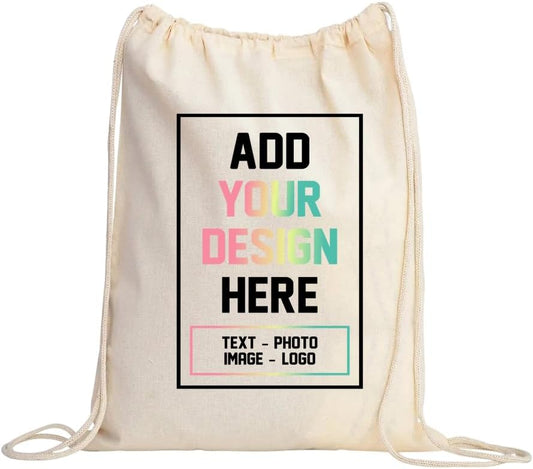 Custom One-Sided Canvas Drawstring Backpack with Your Logo - Personalized Single-Sided Cinch Sack - Custom DTF Front Print Gym Bag in Black & Beige