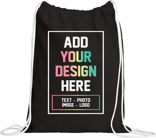 Custom One-Sided Canvas Drawstring Backpack with Your Logo - Personalized Single-Sided Cinch Sack - Custom DTF Front Print Gym Bag in Black & Beige