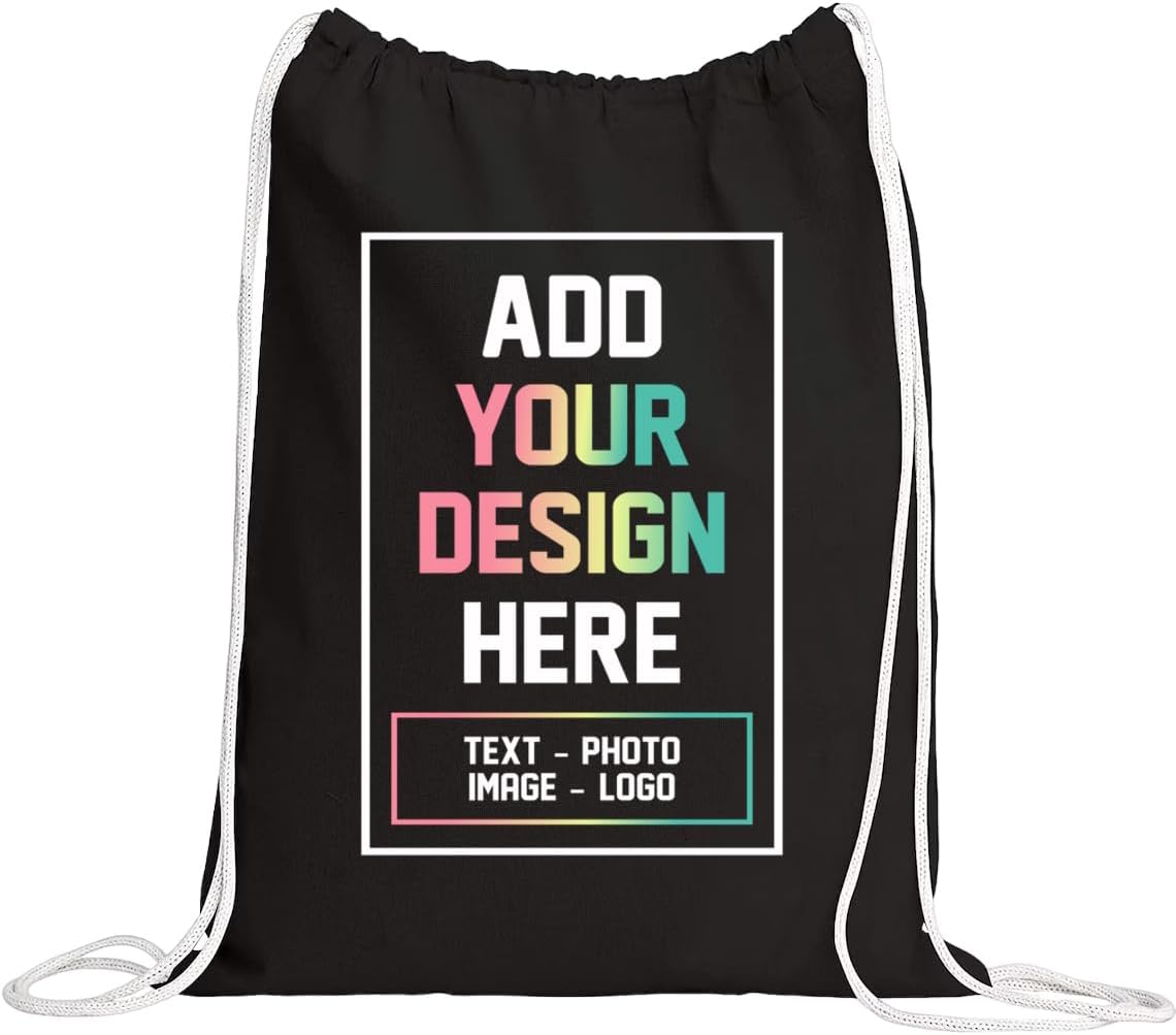 Custom One-Sided Canvas Drawstring Backpack with Your Logo - Personalized Single-Sided Cinch Sack - Custom DTF Front Print Gym Bag in Black & Beige