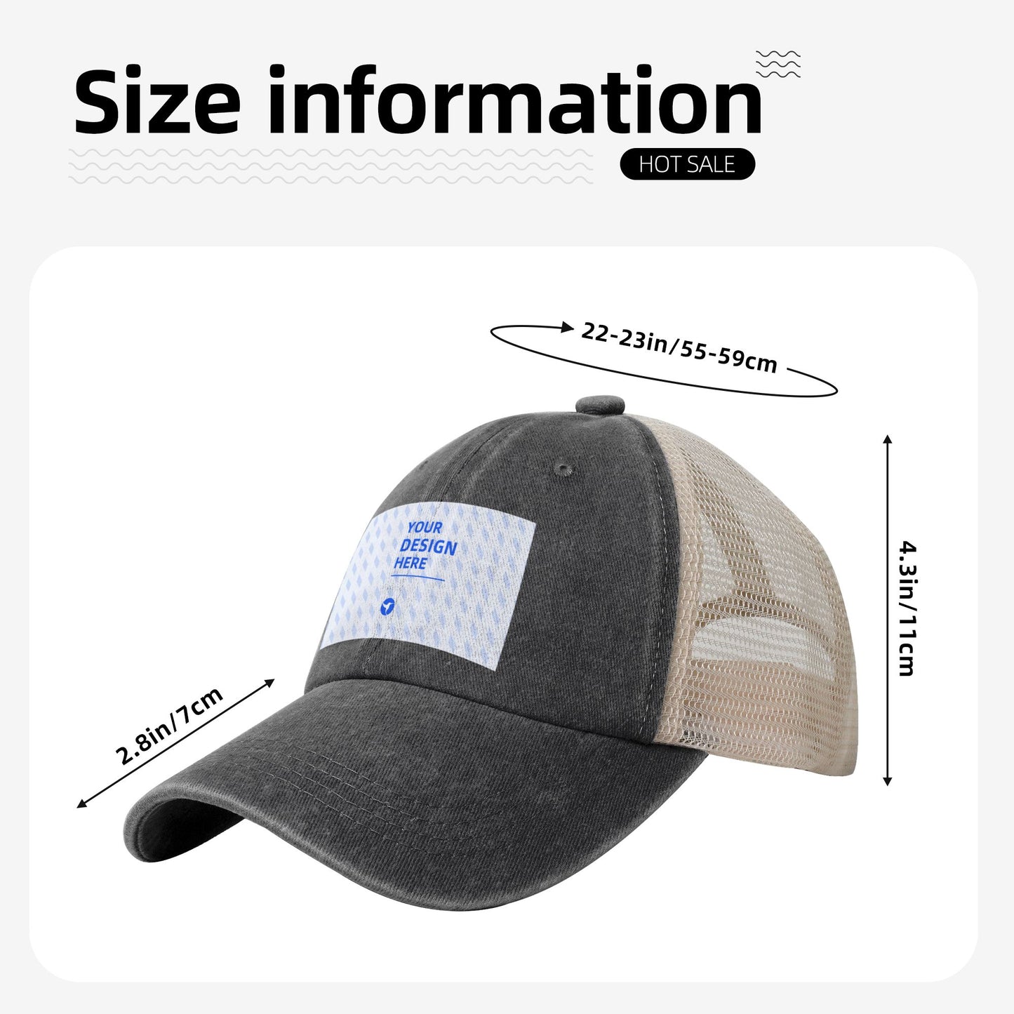 Custom Washed Denim Trucker Hat with Your Logo - Personalized Mesh Back Baseball Cap - Custom DTF Print Graphic Cap for Men & Women