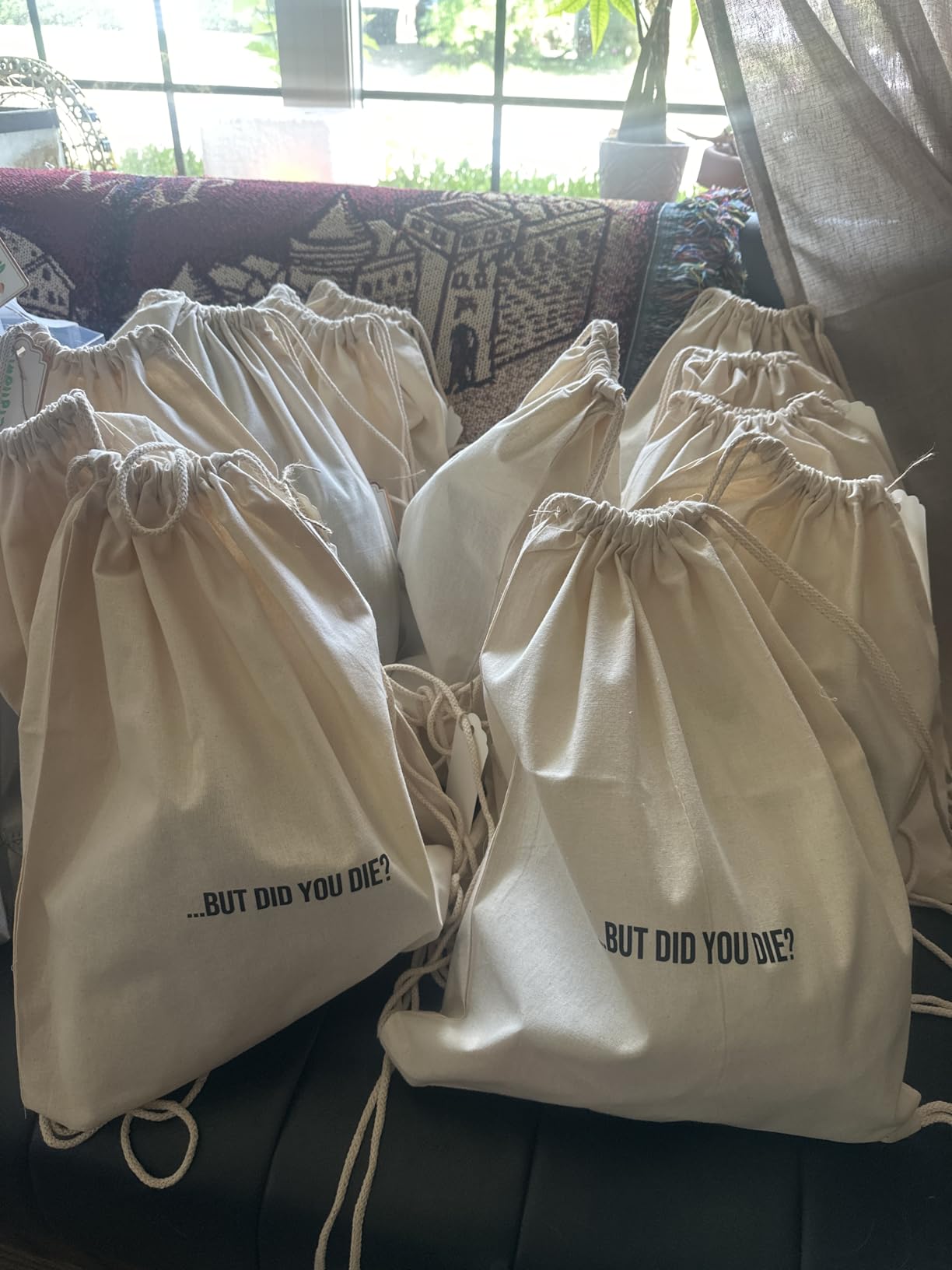 Custom One-Sided Canvas Drawstring Backpack with Your Logo - Personalized Single-Sided Cinch Sack - Custom DTF Front Print Gym Bag in Black & Beige