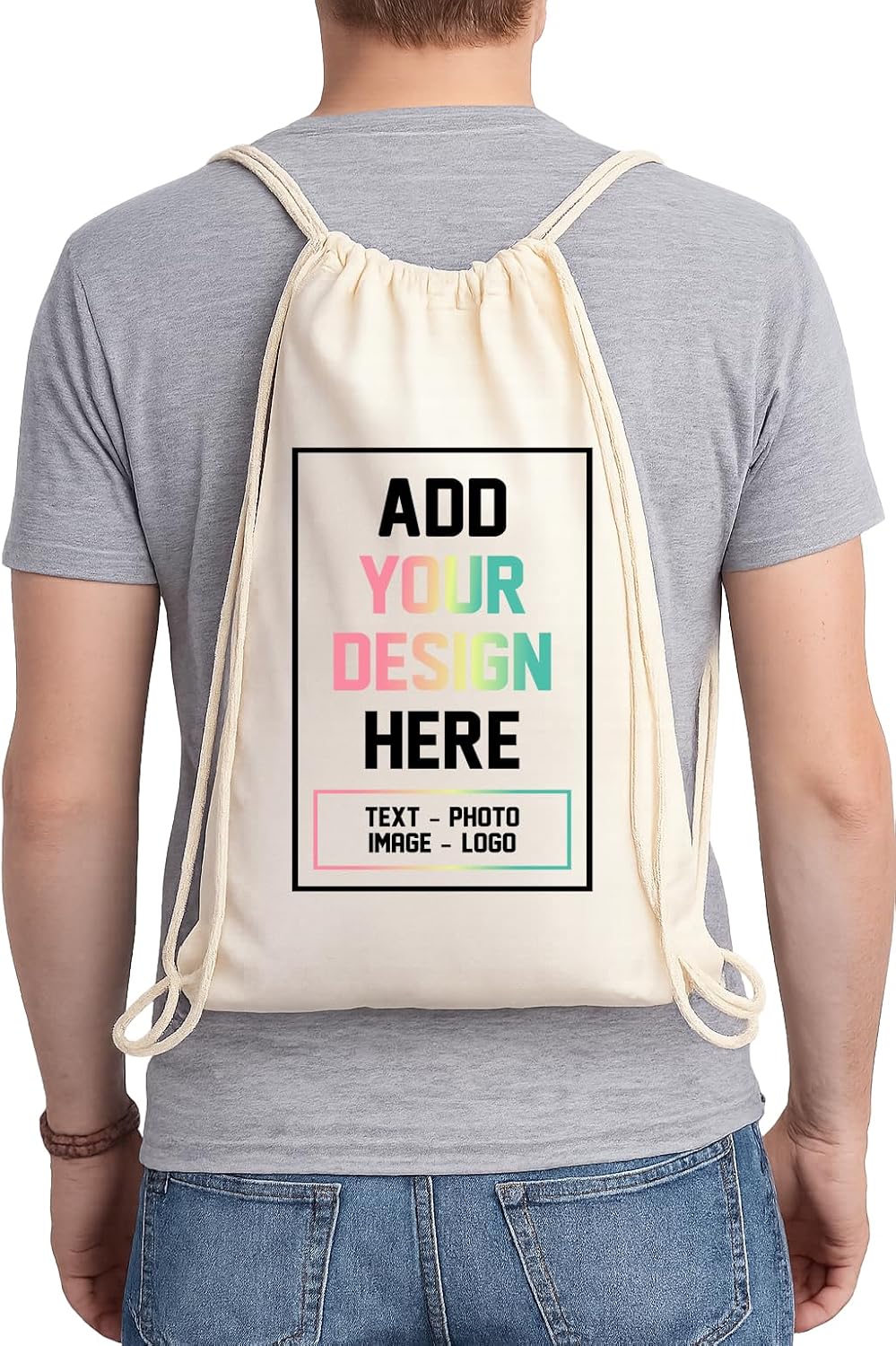 Custom One-Sided Canvas Drawstring Backpack with Your Logo - Personalized Single-Sided Cinch Sack - Custom DTF Front Print Gym Bag in Black & Beige