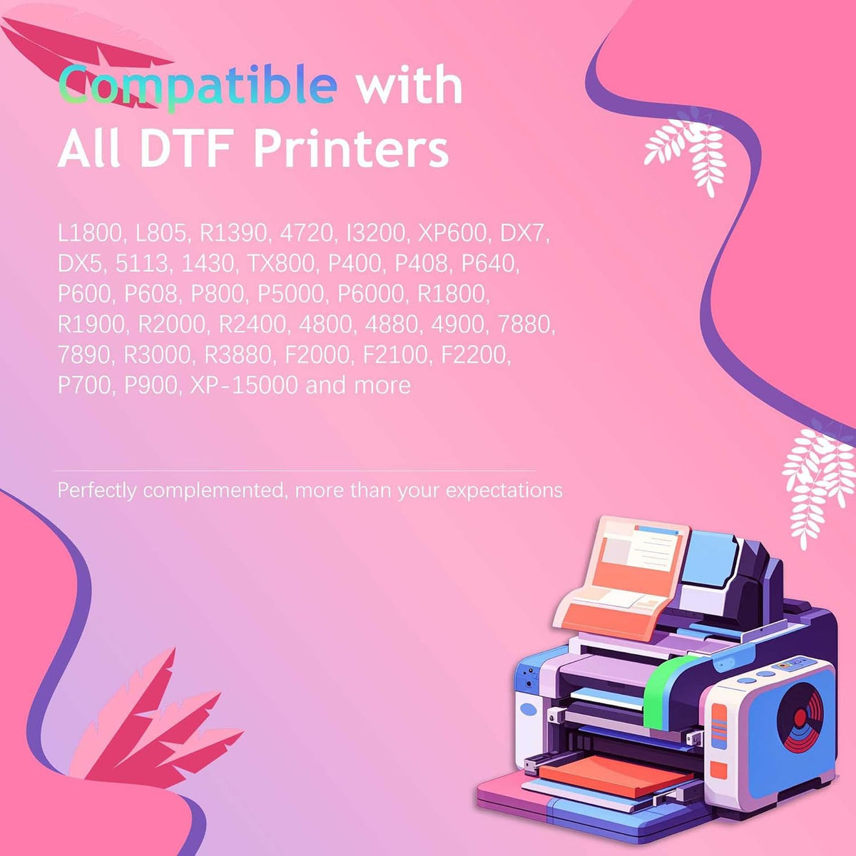 Premium DTF Ink Refill Bottles - High Saturation Water-Based Textile Ink for Direct Transfer Film Printers - White, CMYK Set for A3 A4 DTF Desktop & Industrial Printers