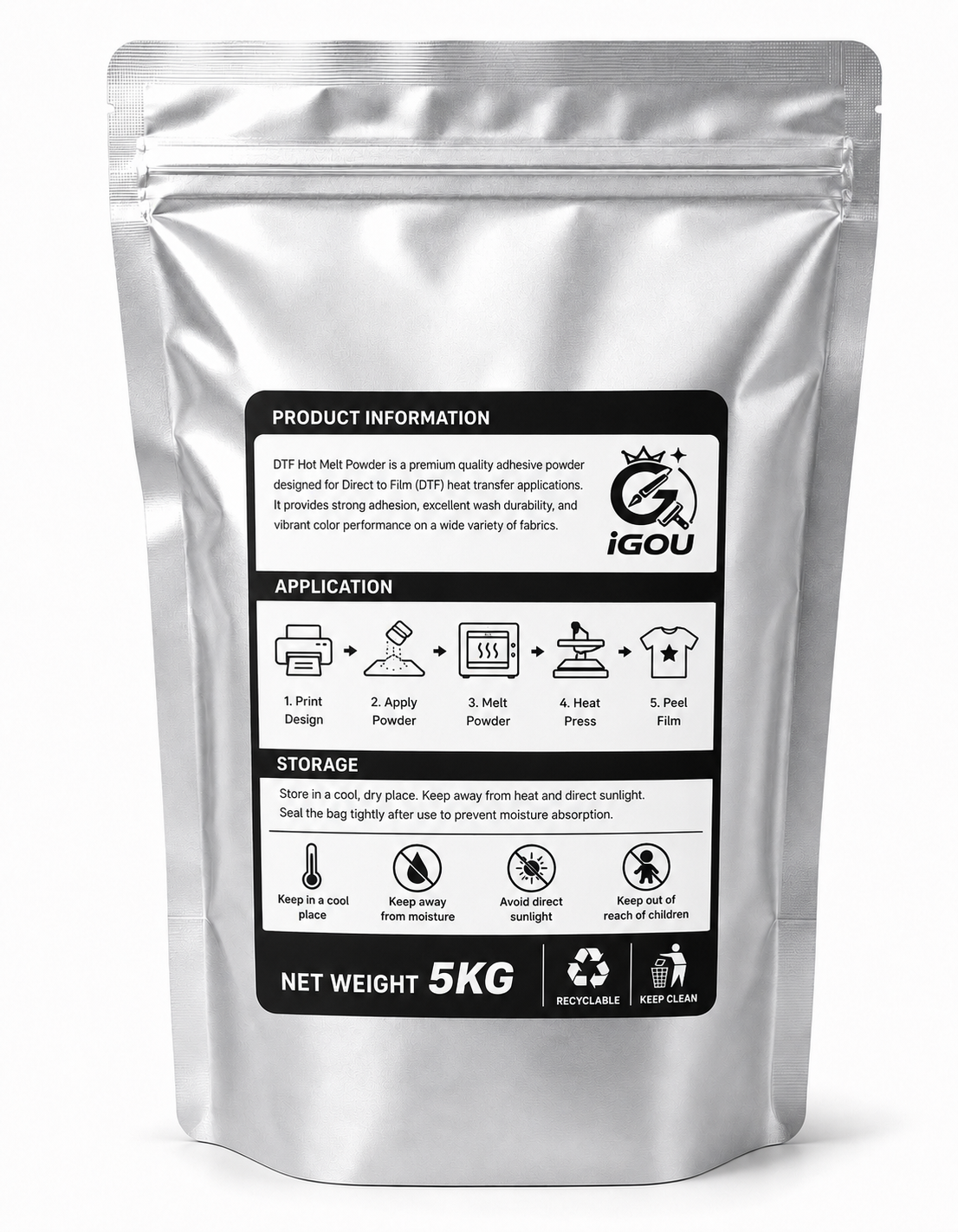 Premium DTF Powder 5KG (11 LBS) - White Hot Melt Adhesive TPU Powder for DTF Printers & Heat Transfer Film - High Stretch, Soft Hand Feel & Washable