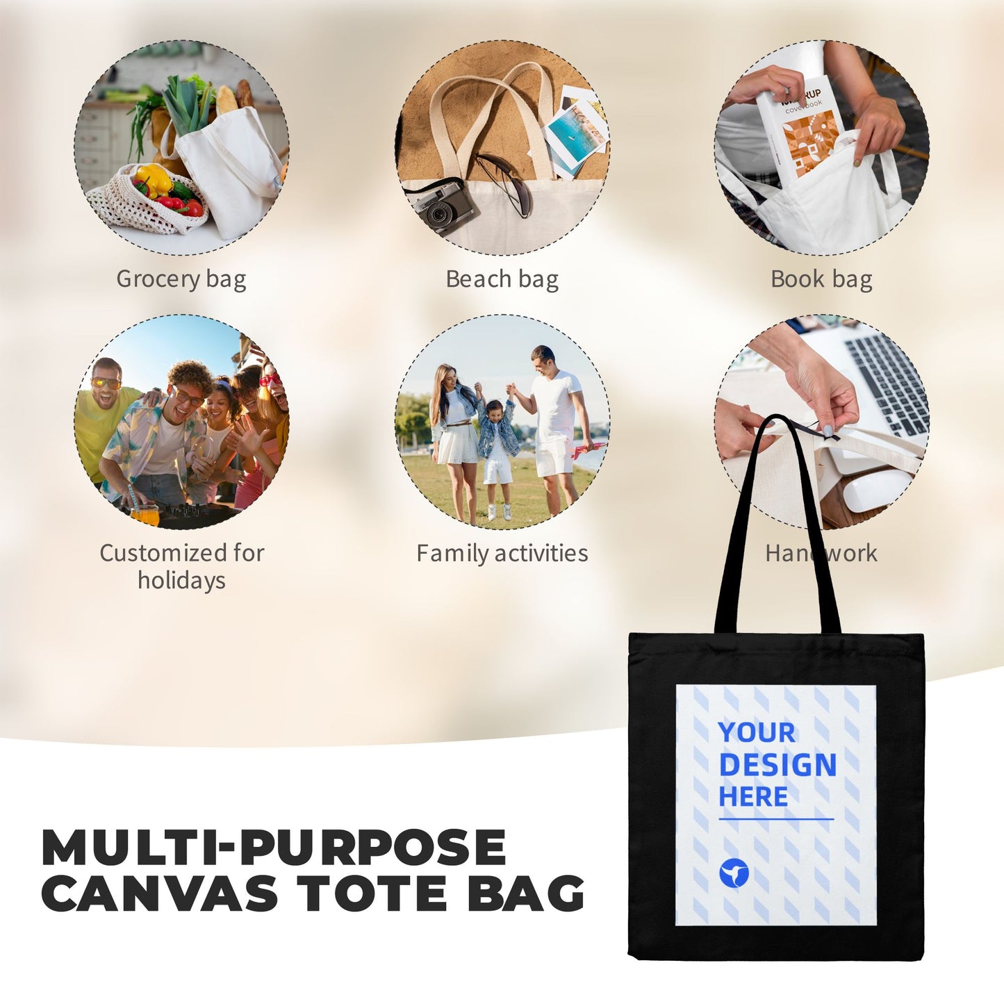 Custom One-Sided Black Canvas Tote Bag with Your Logo - Personalized Double-Sided Grocery Bag - Custom DTF Front Print Shoulder Bag