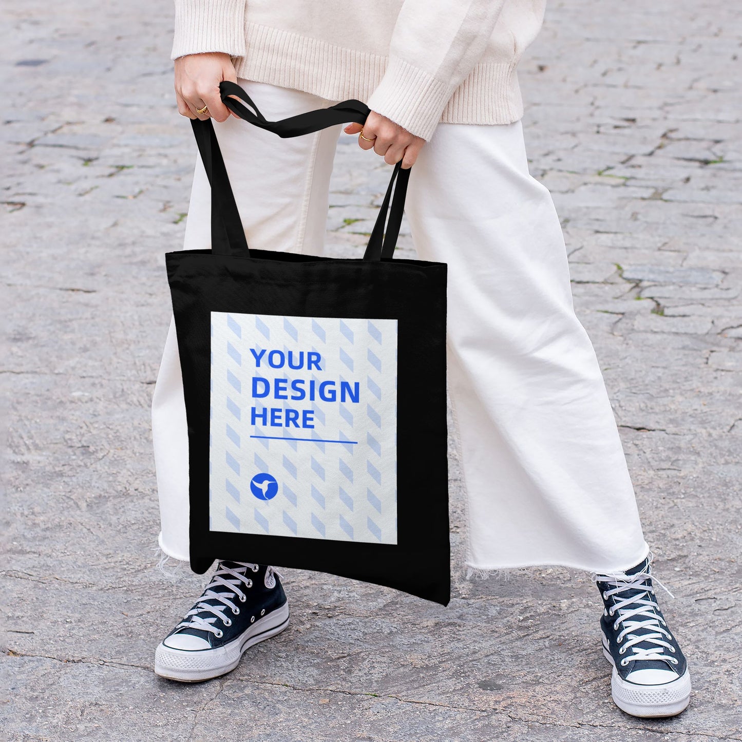 Custom One-Sided Black Canvas Tote Bag with Your Logo - Personalized Double-Sided Grocery Bag - Custom DTF Front Print Shoulder Bag